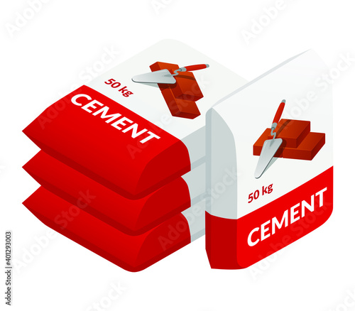 Isometric vector illustrations of cement bags isolated on white. Paper sacks vector icon. Cartoon isometric cement bags with a picture of a trowel and bricks. Building materials.