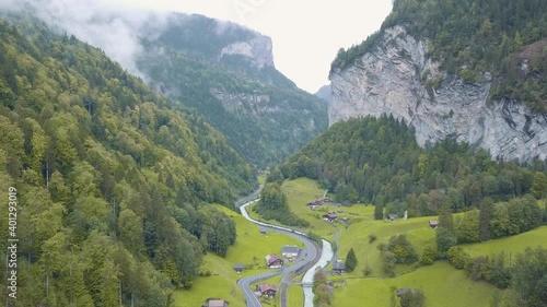 Foggy valley of Lauterbrunnen in Switzerland