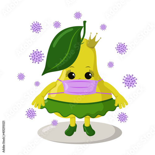 Cute kawaii pear girl with crown, skirt and medical mask surrounded by viruses. Colored isolated natural vector illustration in flat design with shadows	