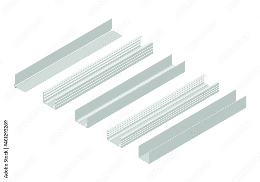 Isometric vector illustration of profiles for plasterboard isolated on white background. Different types of steel profiles vector icons. Cartoon isometric profiles for plasterboard. Building materials Isometric vector illustration of profiles for plasterboard isolated on white background. Different types of steel profiles vector icons. Cartoon isometric profiles for plasterboard. Building materials