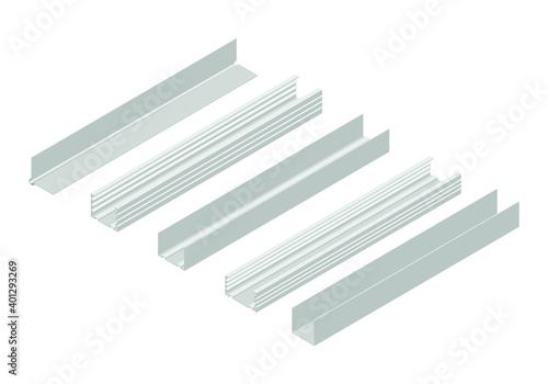 Isometric vector illustration of profiles for plasterboard isolated on white background. Different types of steel profiles vector icons. Cartoon isometric profiles for plasterboard. Building materials