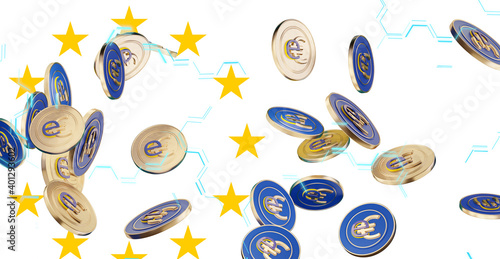 concept of Europe as colors for the digital E-Euro and question marks 3d-illustration