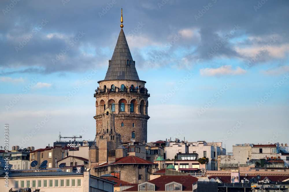 Landscape view on the Galata Tower under the blue autumn sky