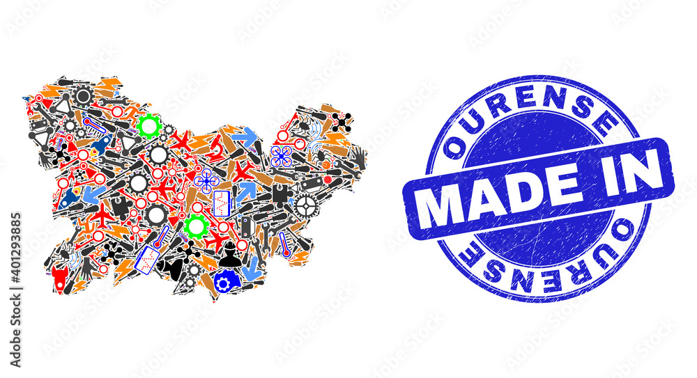 Production mosaic Ourense Province map and MADE IN grunge rubber stamp. Ourense Province map abstraction formed with spanners,wheel, tools,elements,cars,power sparks,details. Production mosaic Ourense Province map and MADE IN grunge rubber stamp. Ourense Province map abstraction formed with spanners,wheel, tools,elements,cars,power sparks,details.