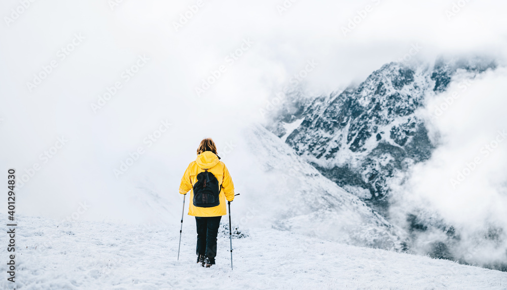 Back view of anonymous hiker with trekking poles walking on snowy ground in Pyrenees mountains in Andorra Back view of anonymous hiker with trekking poles walking on snowy ground in Pyrenees mountains in Andorra