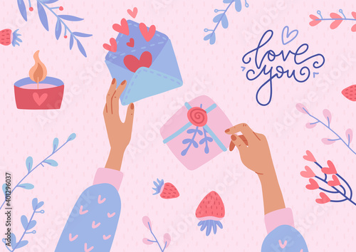 Two hands holding the open envelope with a hearts and decorated gift box. Valentines day graphics. Top view concept with lettering - Love you. Modern flat vector concept illustration