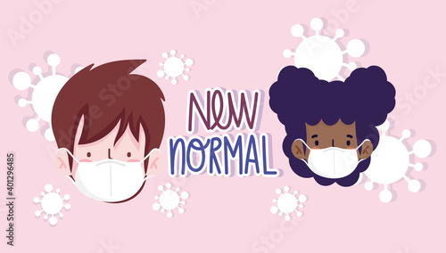 New normal woman and man with masks vector design