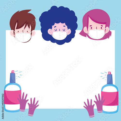 New normal people cartoons with masks sprays and gloves vector design