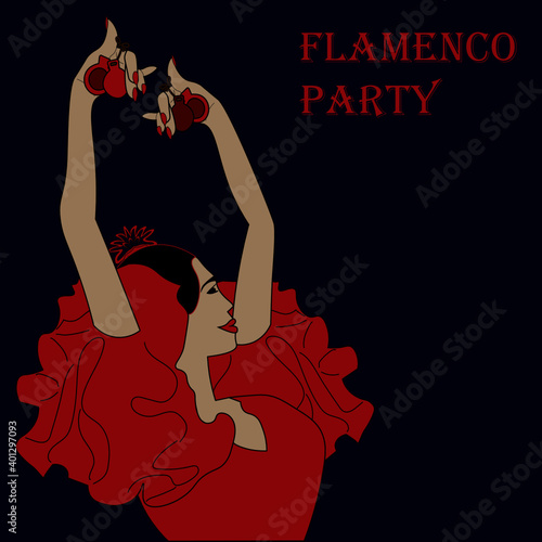 Playbill or invitation card for flamenco party with space for your text. Dancer with castanets  in traditional Spanish costume.
