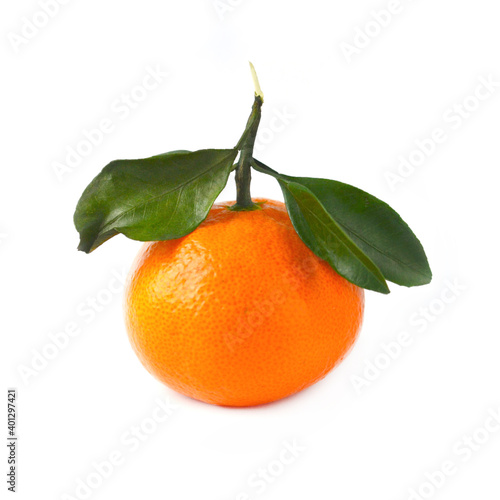  Orange tangerine or clementine with green leaf isolated on whit