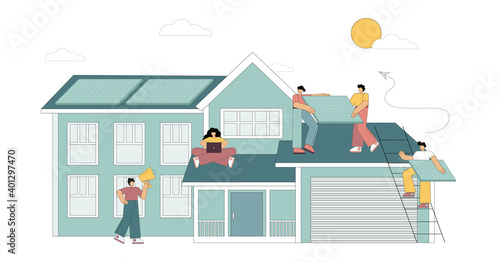 Workers are installing solar panels. Alternative energy, renewable energy. Vector illustration