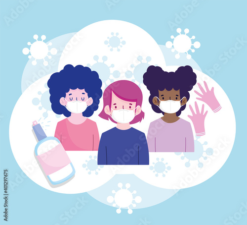New normal people cartoons with masks gloves and alcohol spray vector design