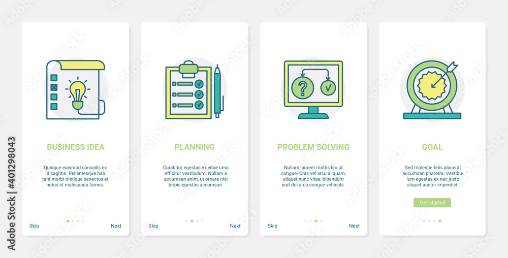 Business idea, goal achievement and planning vector illustration. UX, UI onboarding mobile app page screen set with line light bulb success startup concept, research target, successful problem solving