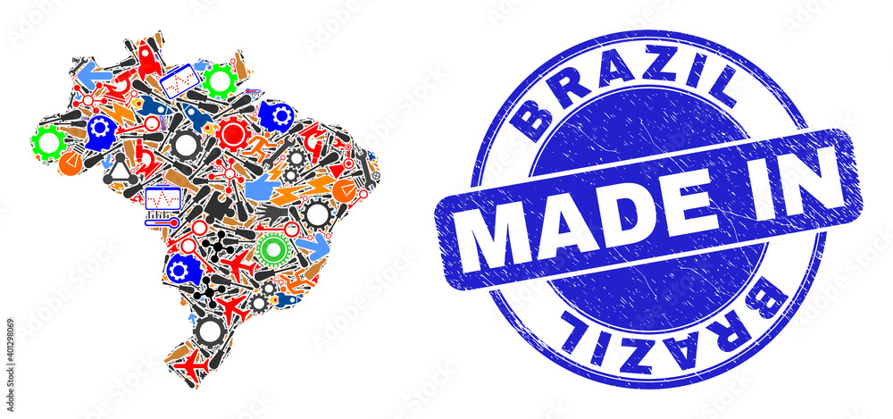 Engineering mosaic Brazil map and MADE IN textured stamp seal. Brazil map mosaic created from wrenches,wheels, tools,components,cars, electric strikes,rockets. Engineering mosaic Brazil map and MADE IN textured stamp seal. Brazil map mosaic created from wrenches,wheels, tools,components,cars, electric strikes,rockets.