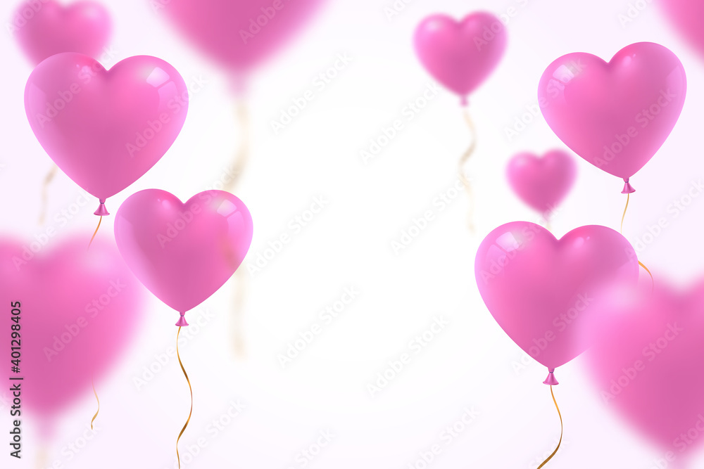 3d realistic pink heart balloons with defocused effect isolated on white background. Decoration element for Valentine's day or Wedding. Symbol of love. Vector illustration.