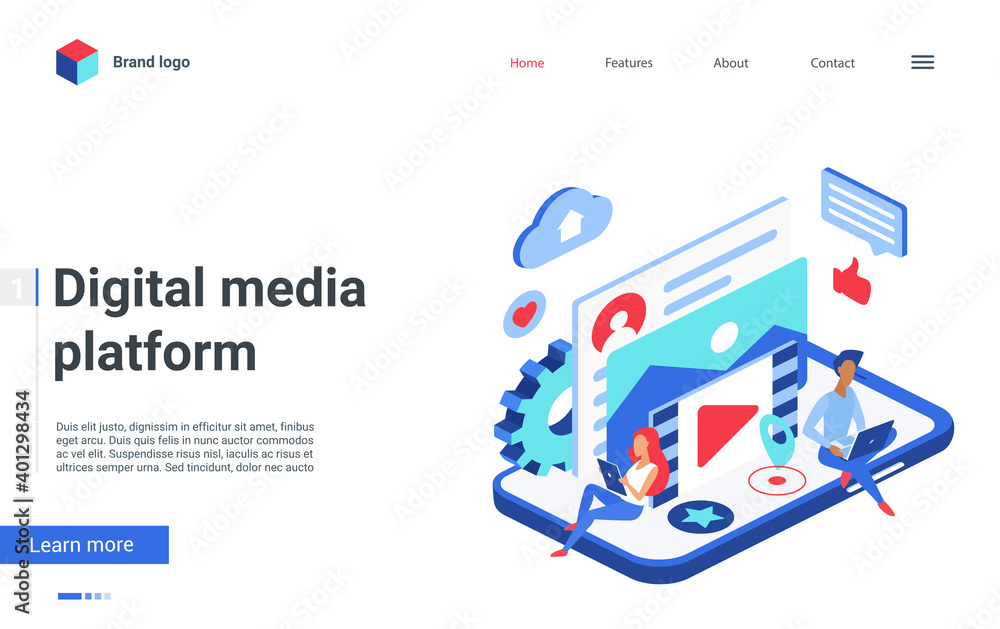 Website landing page creative design with cartoon isometric man woman user characters work with multimedia files database, upload and play music or video film. Digital media data vector illustration