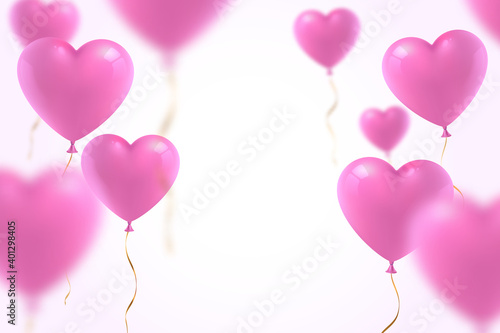 3d realistic pink heart balloons with defocused effect isolated on white background. Decoration element for Valentine s day or Wedding. Symbol of love. Vector illustration.