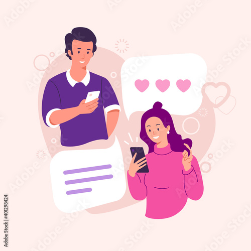 Online dating vector illustration. Lovers a guy and a girl correspond in a chat. Couple in love. Male and female chatting. Congratulations with Valentine's day. Flat style.