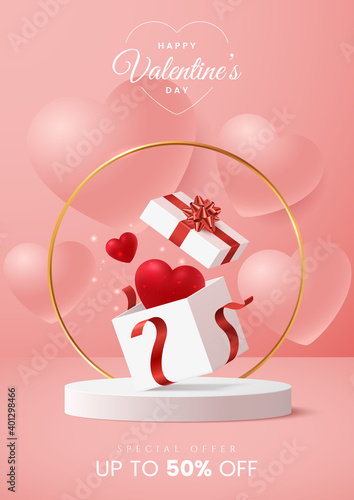 Valentine's day greeting card design concept. Open gift box with red heart inside and sparkling golden confetti on pink background. Valentines day sale banner template. A4 size. Vector illustration.