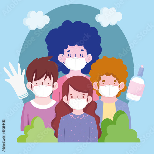New normal people cartoons with masks glove alcohol and shrubs vector design