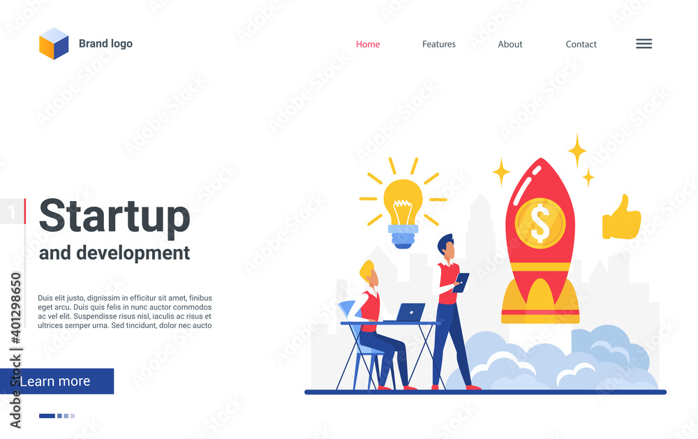 Cartoon landing page website design with flat businessman characters launch rocket into sky together, planning successful project. Start up idea launching process, business startup vector illustration