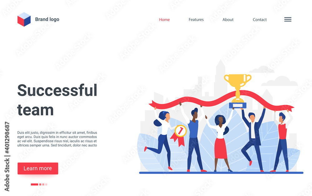 Website concept design, landing page with cartoon flat happy winner business people holding golden prize cup together, celebrating win successful teamwork. Business team success vector illustration