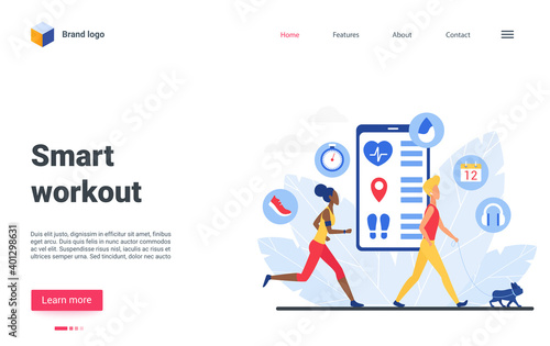 Cartoon tiny sportsman character do sport exercises, run, walk with dog, use virtual trainer application. Smart workout website landing page design, sport training app for people vector illustration