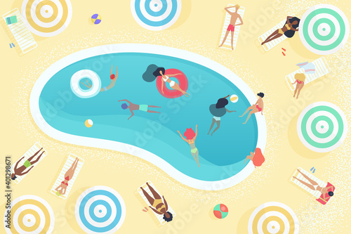 Top view of different female and male people relaxing near the pool, sunbathing, swimming, playing, diving, having rest, enjoying time outdoors cartoon vector illustration