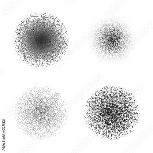 Circle of very small dissolving points, noise, gradient. Set. Round, Stipple grunge. Vector overlay. Isolated background.