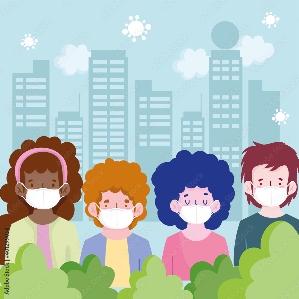 New normal people cartoons with masks at cityscape vector design