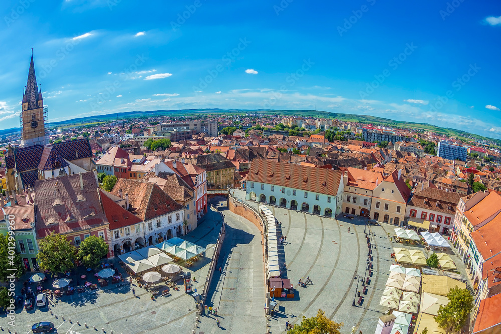 Obraz premium Aerial view over Little Square, Sibiu, Transylvania, Romania
