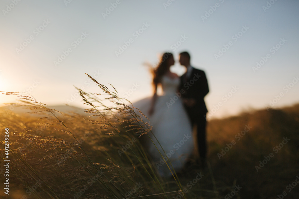 Blured bride and groom enjoying romantic moments in the mountains at sunset in beautiful summer day. Wedding couple in field - obrazy, fototapety, plakaty 