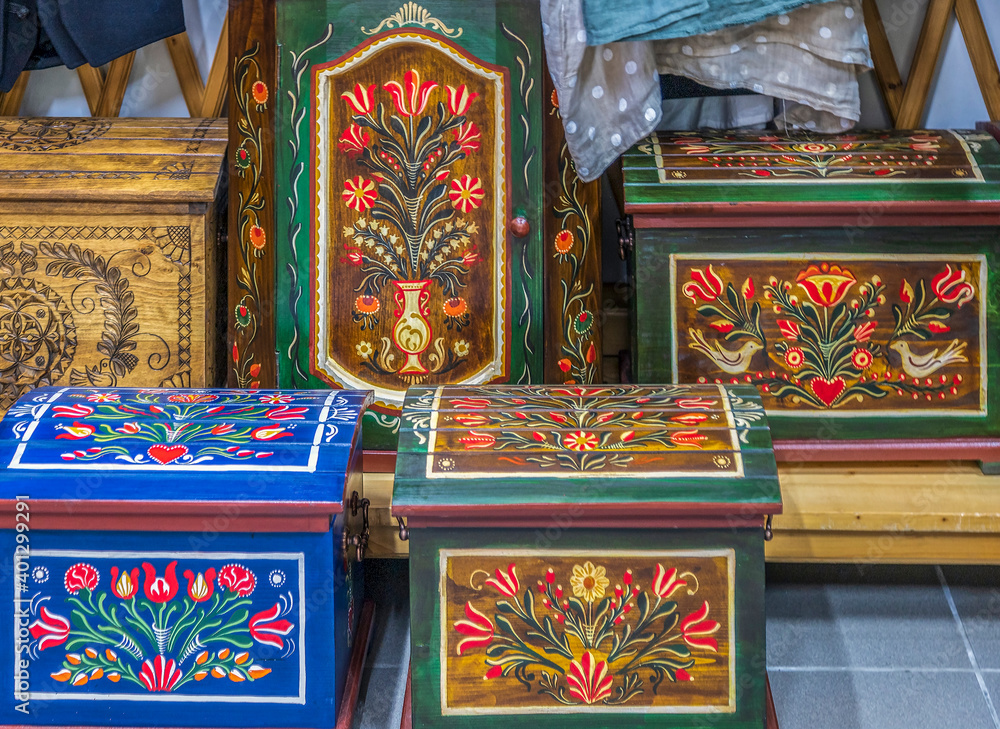Decorative wooden crates with traditional Hungarian motifs