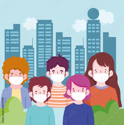 New normal people cartoons with masks at city vector design