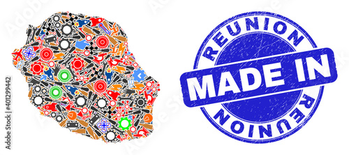 Engineering Reunion Island map mosaic and MADE IN textured watermark. Reunion Island map mosaic composed with spanners,wheels,screwdrivers,,keys,airplanes,aircrafts,air planes,aviation symbols,cars,