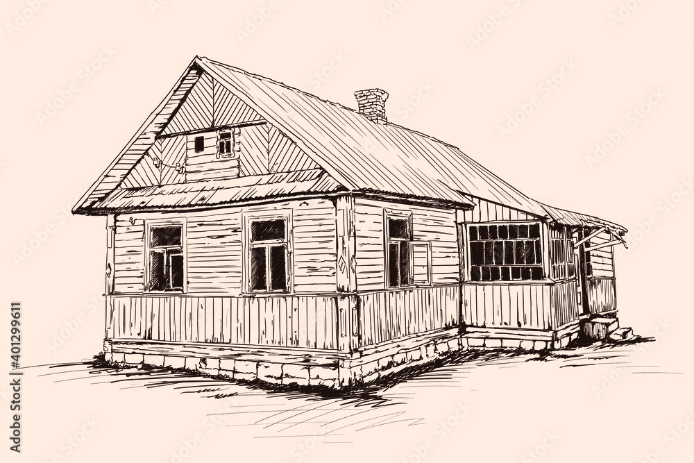 Obraz premium Hand sketch on a beige background. Old rustic wooden house on a stone foundation with a tiled roof.