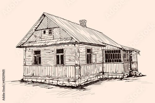 Hand sketch on a beige background. Old rustic wooden house on a stone foundation with a tiled roof.