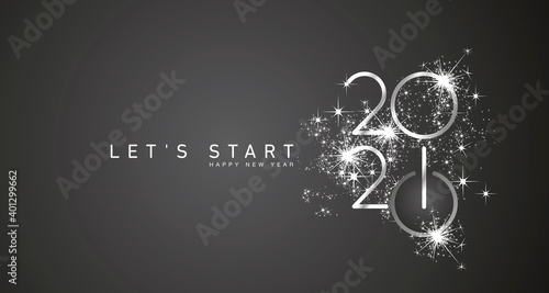 Start of Happy New Year 2021 silver white shining stars rounded typography black background banner and turn on button icon