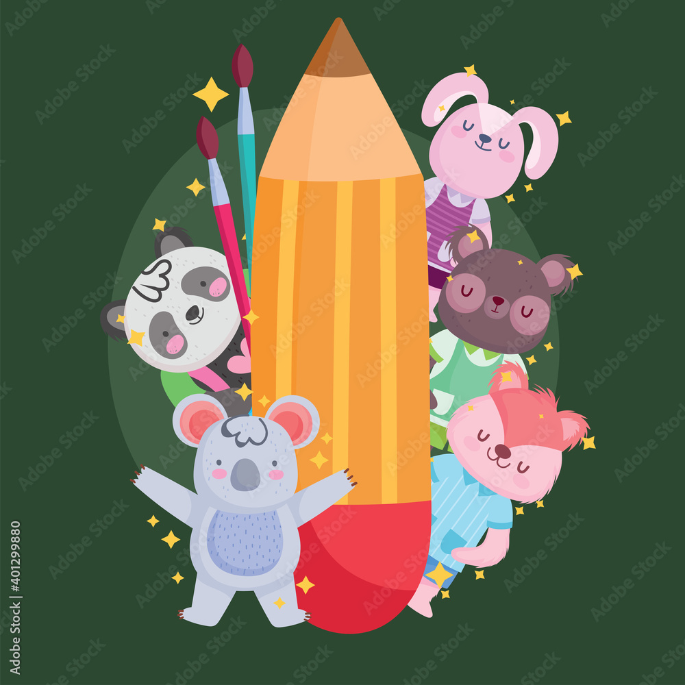 Fototapeta premium Back to school animals cartoons with pencil vector design
