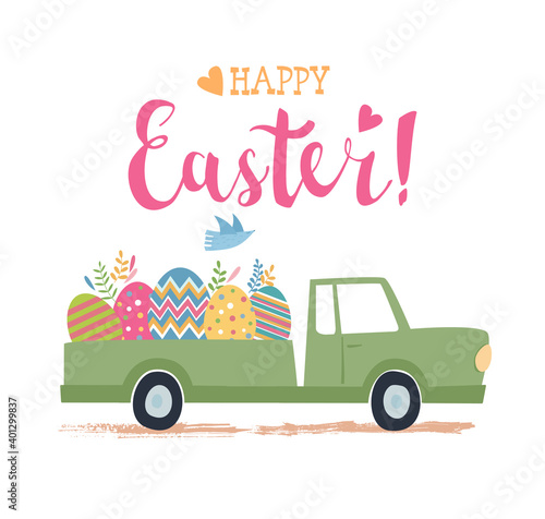Easter greeting card with cute pickup truck and big colorful traditional eggs. Postcard or invitation template 