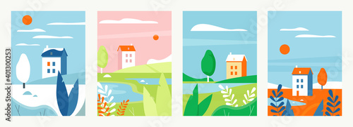 Nature landscape with houses in different seasons vector illustration set. Cartoon vertical simple minimalist landscape design, rural countryside scenes, farm houses in summer autumn winter spring
