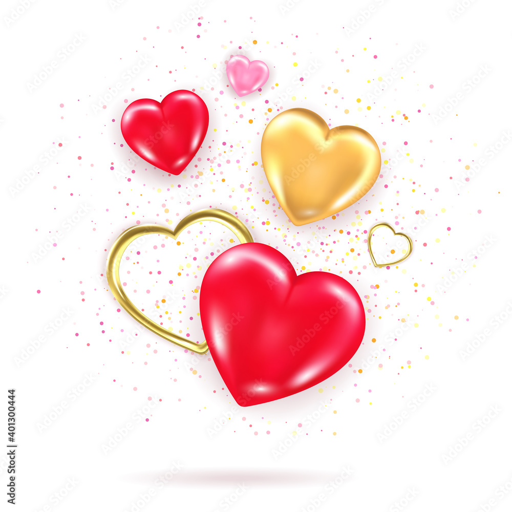 Decorative element with shiny 3d hearts, golden heart shaped frames and confetti. Valentines day glossy pink caramel candy hearts group. Realistic vector illustration of love symbol