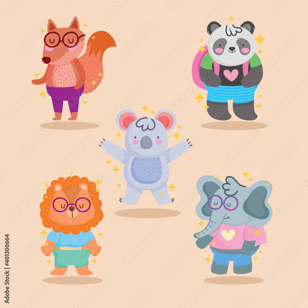 Fototapeta premium Fox panda bear koala lion and elephant cartoon vector design