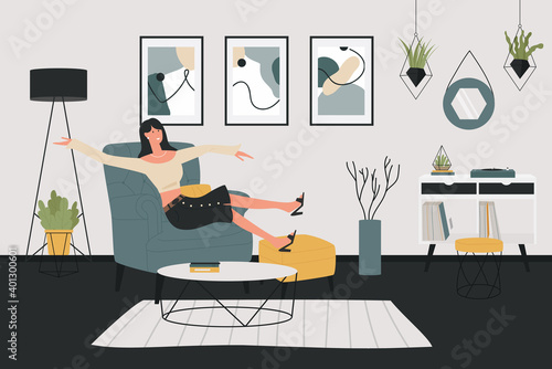 Young woman relaxing at home vector illustration. Cartoon happy girl character sitting in armchair of Scandinavian home apartment interior, funny lady spending fun time at home alone background