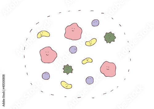 色々な腸内細菌のシンプルでかわいい手描きカラーイラスト