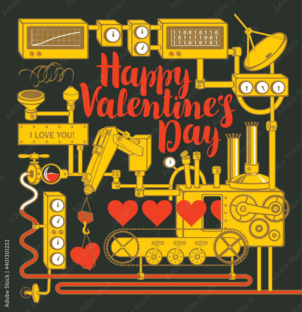 Valentine banner or card with red hearts, love conveyor, laboratory or industrial equipment and inscription. Vector illustration on the theme of Valentine's Day with a decorative factory of love