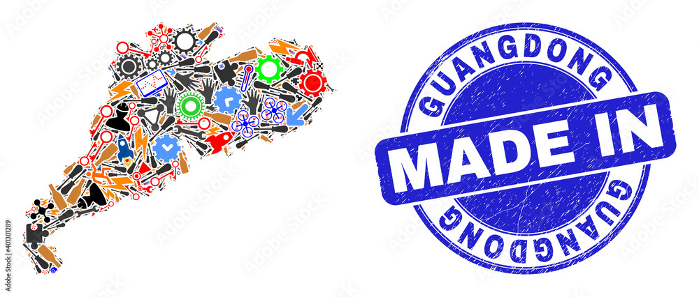 Service Guangdong Province map mosaic and MADE IN scratched seal. Guangdong Province map mosaic composed from spanners,wheel, tools,items,cars,electricity sparks,details. Service Guangdong Province map mosaic and MADE IN scratched seal. Guangdong Province map mosaic composed from spanners,wheel, tools,items,cars,electricity sparks,details.