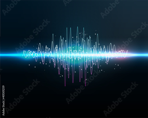 VOICE RECOGNITION. Sound waves oscillating glow light, Abstract technology background - Vector