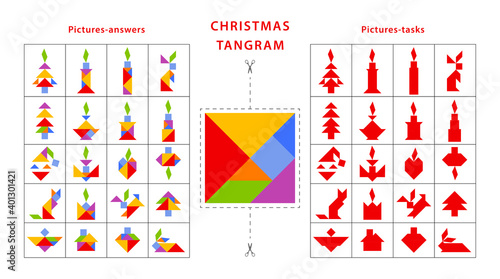 Set of vector tangram puzzles (geometric puzzle) for the development of logical thinking of children. Collection of 20 items on theme of Christmas. Cards with tasks and answers. Vector illustration