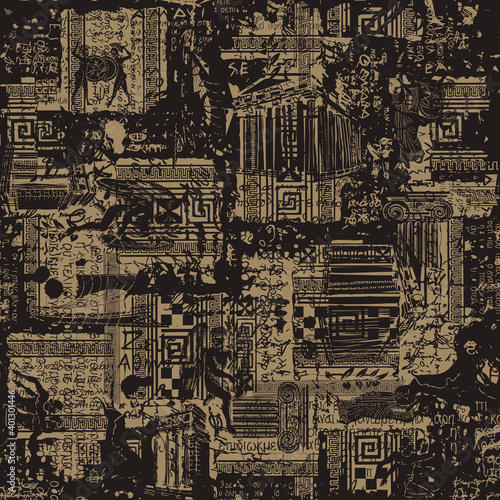 Seamless pattern on the theme of Ancient Greece in grunge style. Abstract vector background with sketches and scribbles in beige and black colors. Suitable for Wallpaper, wrapping paper fabric